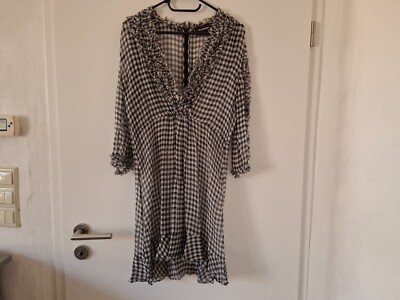 The Kooples Kleid Seidenkleid  Weiß Schwarz Kariert Seide Gr. 34 - 36