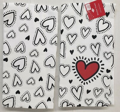 2 SAME PRINTED DUAL KITCHEN TOWELS (16''x26'') LOVE, BLACK,RED & WHITE HEARTS,Ritz