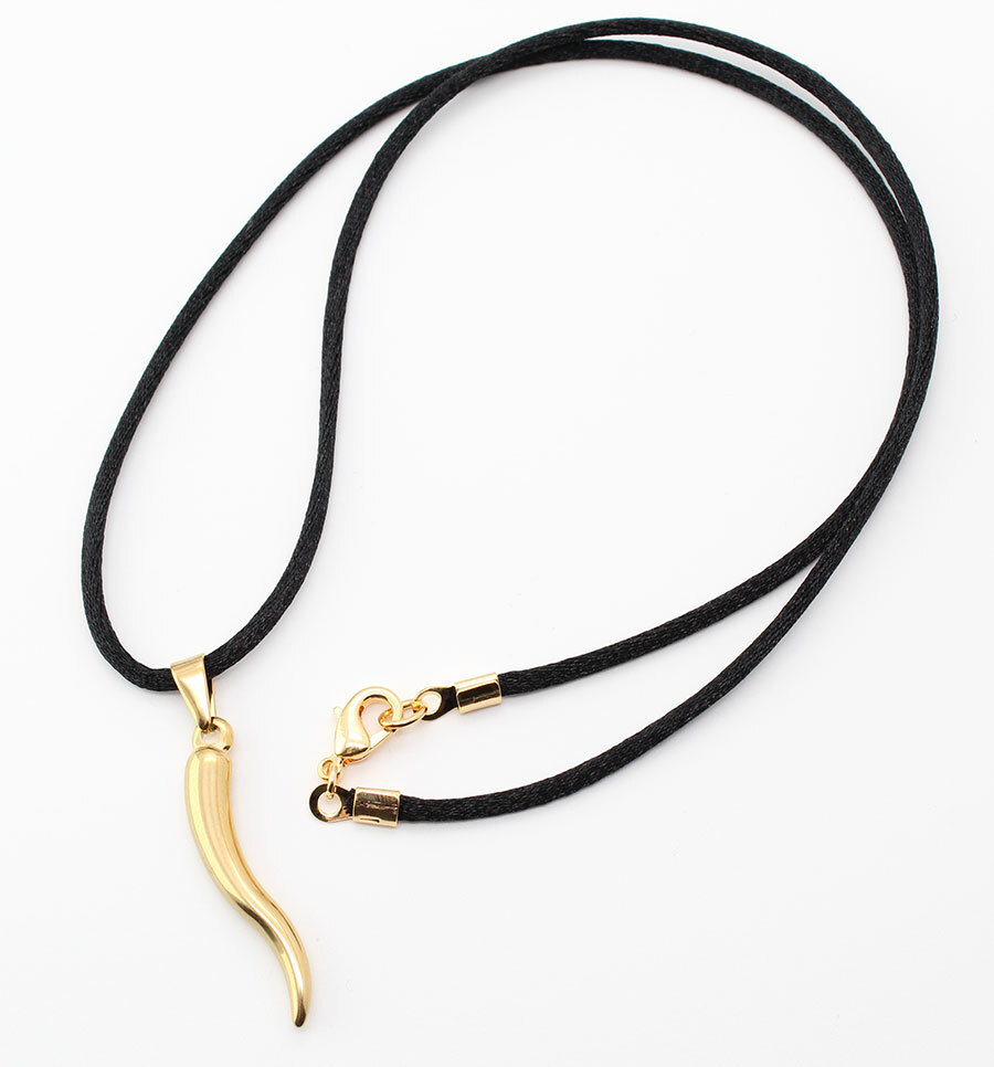 Stainless Steel Italian Horn Pendant Necklace with Satin Silk Cord 16