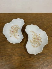 2 Vintage White Porcelain Crescent Shaped Bone Dishes Pink Tan Flowers England