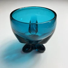 VTG MCM Viking Glass Teal Blue 3 Corner Pedestal Bowl Bluenique 1960s Candy Dish