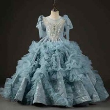Luxury Flower Girl Dress Blue Beaded Princess Kid Birthday Party Pageant Gown