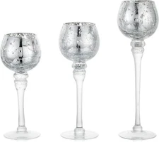 Long Stem Glass Candle Holder - Set of 3 Tall Tea 1 (3 Pcs), Silver 