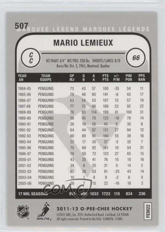 2011-12 O-Pee-Chee Marquee Legend Rainbow Foil Mario Lemieux #507 HOF - Image 2 of 2