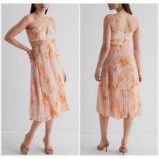 Express Conscious Edit Orange White Floral Pleated Cut-Out Midi Dress XL NWT