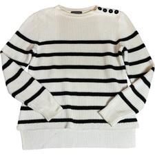 Mint Velvet Jumper Womens Size S Black White Striped Button Detail Crew Neck