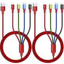 Multi Charging Cable 3.5A, 2Pack 6Ft 4 in 1 Multiple Cord 6ft, Red