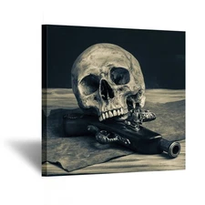 KREATIVE ARTS - Abstract Skull with a Gun Wall Art Canvas Painting Vintage Po...