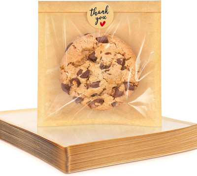 100 Pack Cookie Packaging Bags with Seal, 5.7x6.5 Inch Paper Bakery Bags with Wi