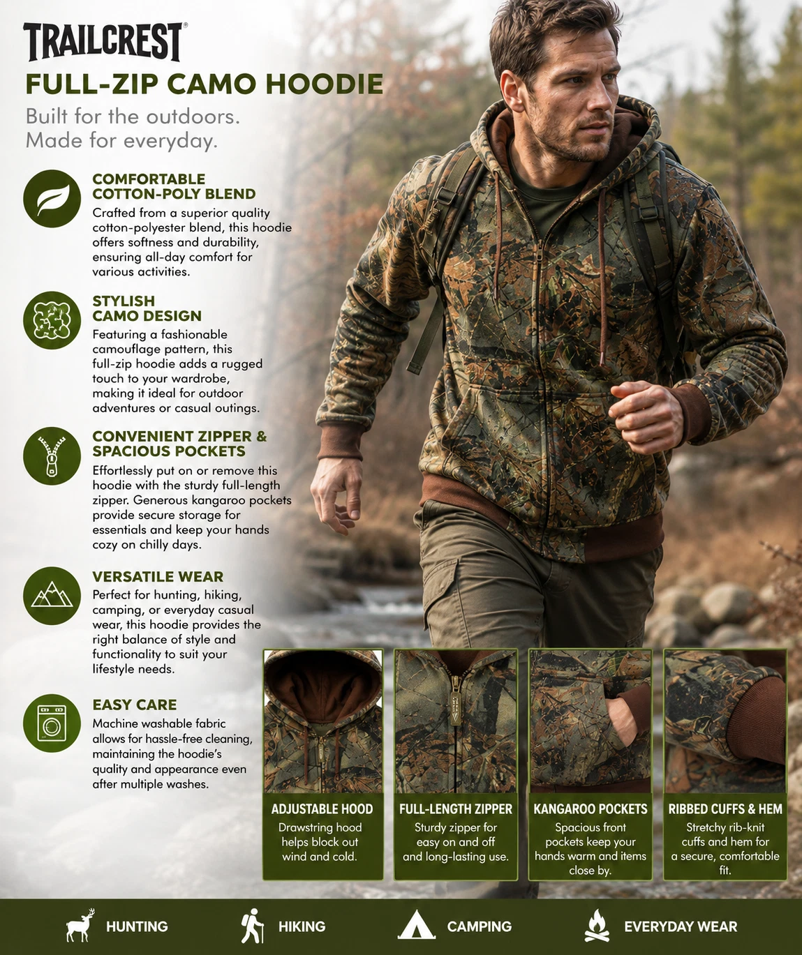 TrailCrest Men'sCotton Blend Camouflage / Faded Camo Zip Hoodie Jacket Outerwear - product detail image 7