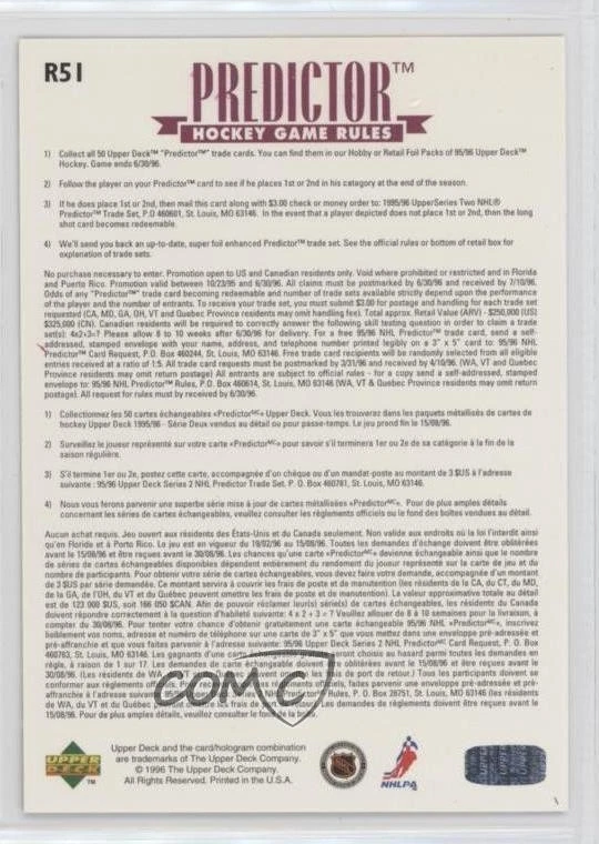 1995-96 Upper Deck Retail Award Predictor Redemption Wayne Gretzky #R51 HOF - Image 2 of 2