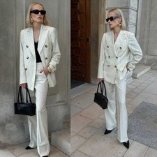 Women's Striped Suit Double Breasted Jacket Peak Lapel Modern Street Style