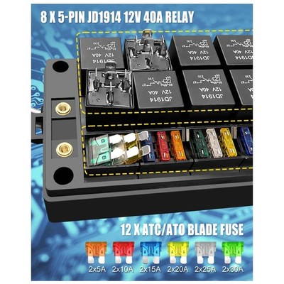 Waterproof Fuse Relay Box with 8 Relays & 12 Fuses