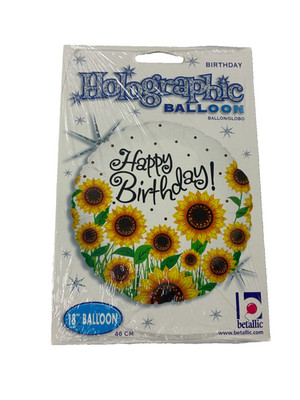 Sunflowers 18'' Happy Birthday Holographic Mylar Foil Balloon Betallic (BLN-1007)