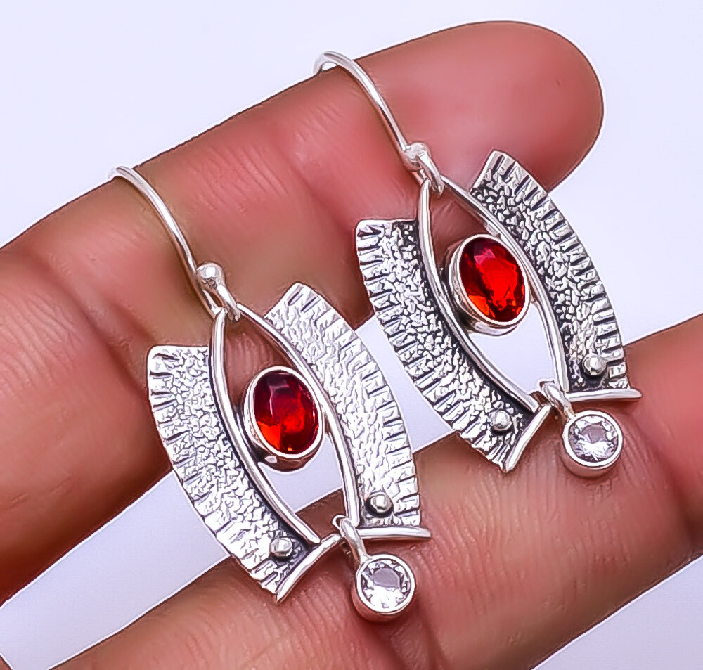 Red Garnet & White Topaz Designer Handmade 925 Sterling Silver Earring 1.56