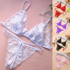 Sleepwear Lingerie Babydoll Bikini Bra+Underwear See Through Crotchless Lace