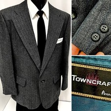 Vtg 70's Penneys Towncraft Charcoal Sport Coat Blue Stripe Wool TWEED Jacket 42