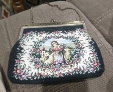 Vintage Antique Petit Point Floral Needlepoint Hand Bag Purse Gold Trim