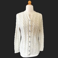 Vintage Cable Hand Knit Cardigan Sweater Metal Button Ivory Cream Small