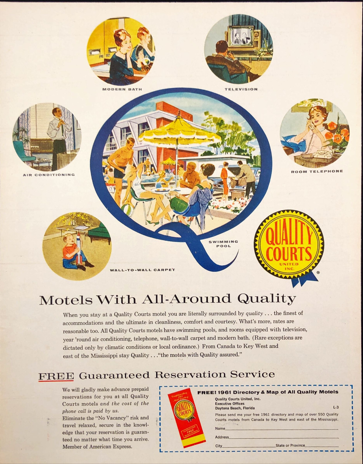 Anuncio impreso vintage Quality Courts United Motels Modern Ammenities 1961