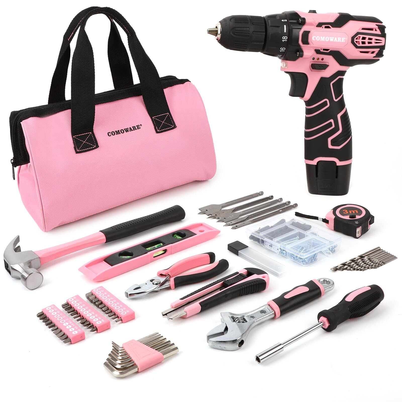 12V Pink Cordless Drill Home Tool Kit, Pink Drill Set for Women, Lady's Home ...