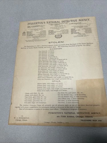 1905 Wanted Poster Stolen Jewelry Pinkertons Detective Agency Leeds North Dakota