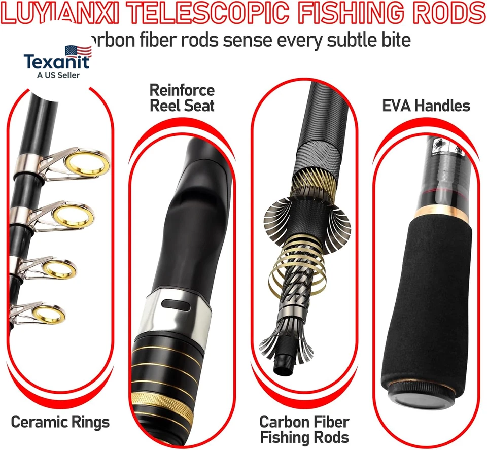 Combo de caña de pescar telescópica - Juego de 2 postes de fibra de carbono plegables de 6,9 7,89 pies Foto 3 de 4