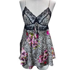 Victoria's Secret babydoll Slip Chemise Animal Floral Print Black Lace Trim S P