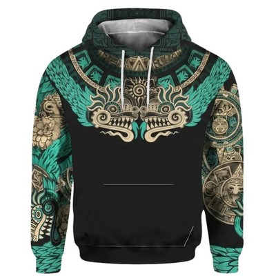 Aztec Teal Gold Dragon Mask Graphic 3D Hoodie