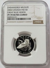 2002 PLATINUM 344 MINTAGE CANADA $150 GREAT BLUE HERON 1/2 OZ NGC PROOF 70 UC 4865.96 per troy oz