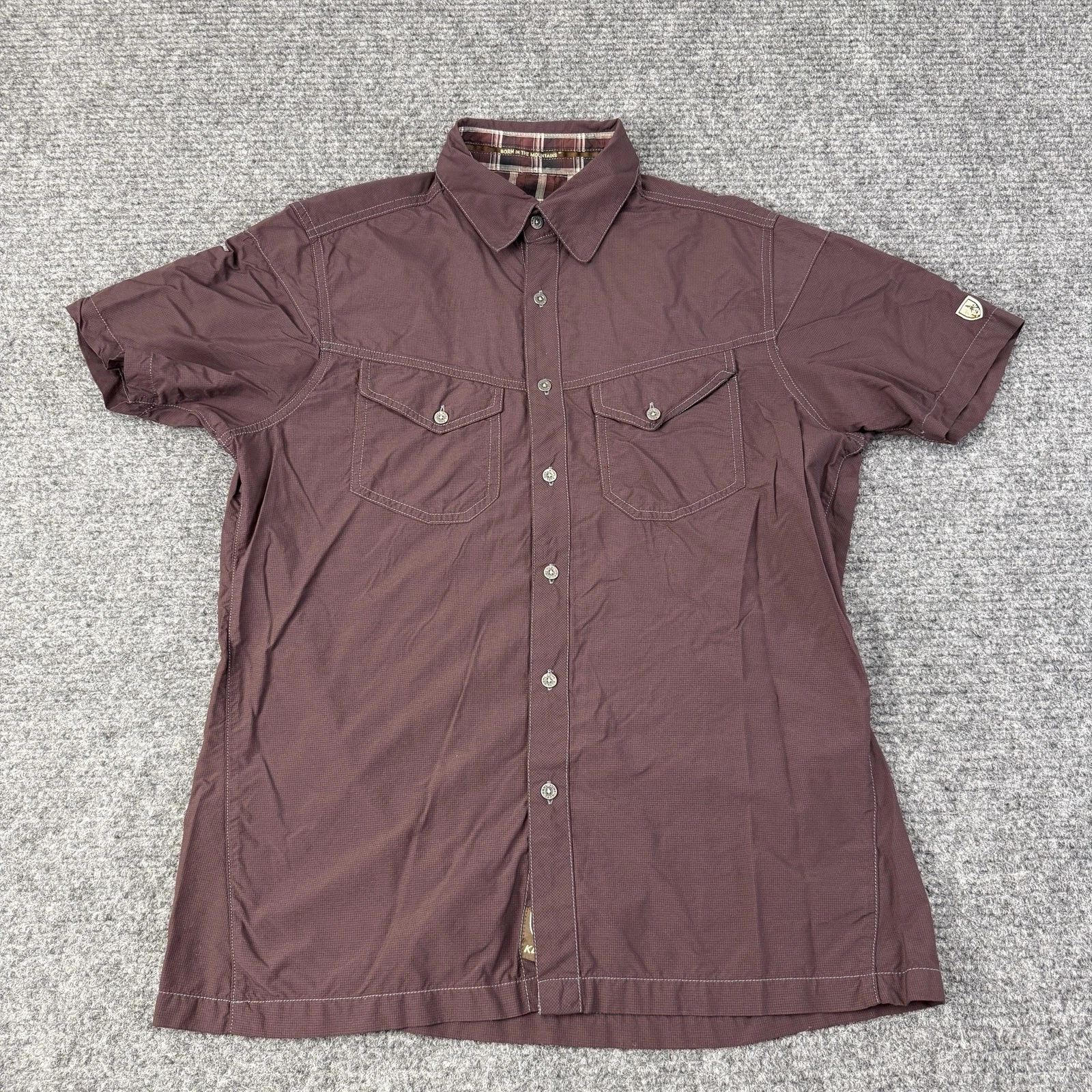 Kuhl Shirt Mens Small Brown Red Short Sleeve Button Front Hiking Outdoor Casual