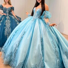 Sky Blue Quinceanera Dresses Sequin Applique Lace Beads Tull Ball Gown Sweet 16