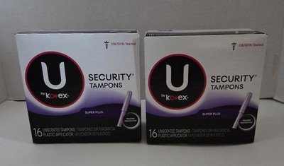 Set Of 2 Boxes Of 16 U by Kotex SUPER PLUS Unscented Security Tampons 32 total 