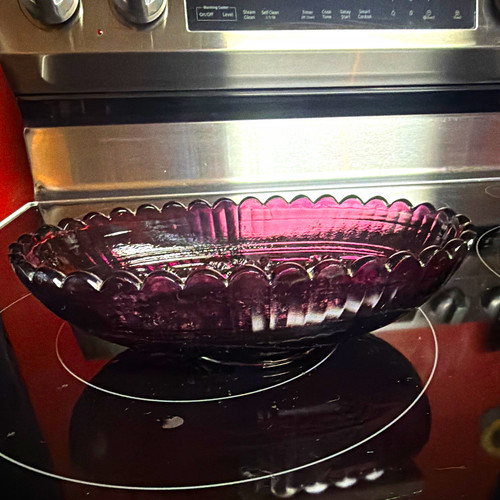 LE Smith Purple Pressed Glass Oval Bowl Windmill Pattern Scalloped Rim