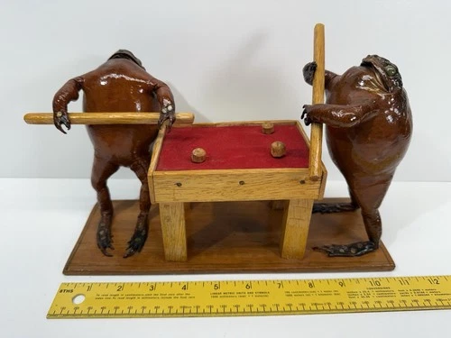 Vintage Folk Art Taxidermy Frogs Playing Pool Anthropomorphic