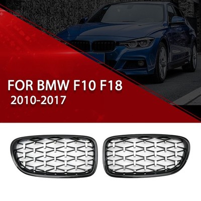 Gloss Black Front Bumper Silver Diamond Grille For 2010-17 BMW 5-Series F10 F11