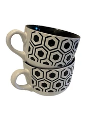 Lot of 2 Blue Harbor Geometric Ceramic Soup Mug Boho Bowls Blue Black 6" x 3.25