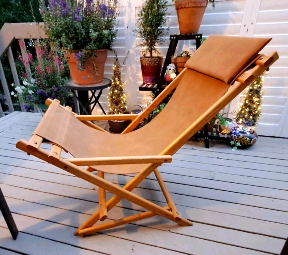 MCM Vintage Playa Cubierta Eslinga Silla Balancín Madera Lona Imitación Cuero Camel Plegable Foto 2 de 4