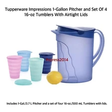 Tupperware NEW Impressions 1-Gallon Pitcher  And Set Of 4 16-oz Tumblers W/ Lids