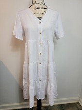 Womens Ruffle Tiered V-Neck Button Front Shirt Dress White Small