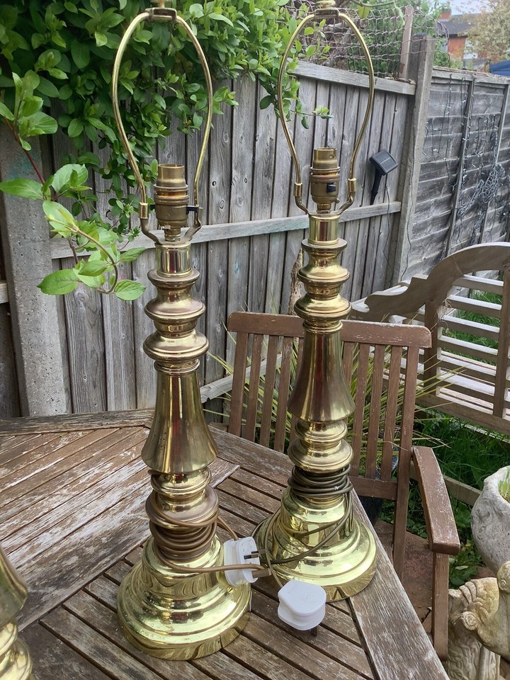 Pair Of Turned Brass Large Vintage Table Lamps eBay