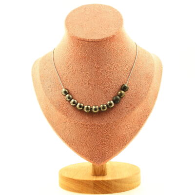 Halskette 10 Pyrit Perlen aus Spanien 8 mm. Edelstahlkette Collier fem