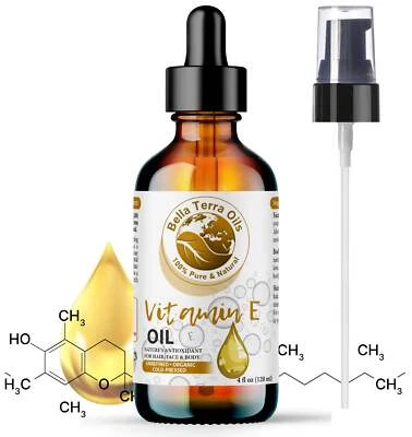 BELLA TERRA OILS Natural Vitamin E Oil 100% Pure Skin Hair Face Anti-Aging Moisturizer