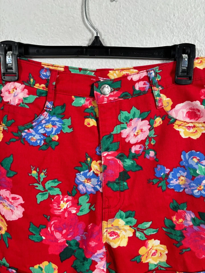 Pantalones Cortos Vintage Y2K Paris Azul Pequeño Talla 11 Rojo Floral Cintura Alta Algodón Denim Foto 2 de 4