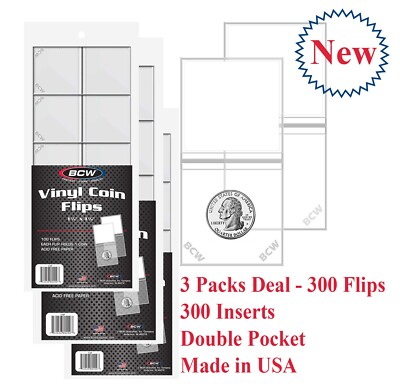 300 BCW Vinyl 2x2 Coin Flips + Inserts For Grading Submission 2 Clear Pockets