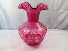 Fenton Cranberry Glass Painted Diamond Optic Pinch Vase White Glitter Floral