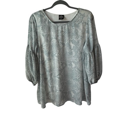 Cal Style SzS Blue Snake Print Chiffon Lined 3/4 Balloon Sleeve Tunic Glam, Chic