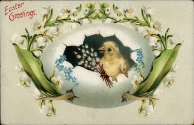 Vintage Easter Greetings Postcard with Chick and Flowers, Germany