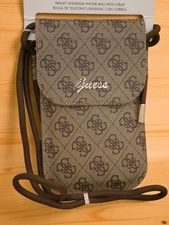 NEW Guess Phone Pouch iPhone Universal Strap And Card slot brown logo gold