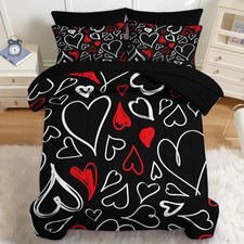Comforter Set Size, Heart Love Red Black 7 Pcs Bedding Full Red Black Heart